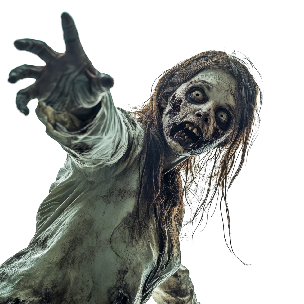 A zombie woman reaching out with a haunting expression against a stark transparent background, Zombie Woman Reaching Out on transparent background png