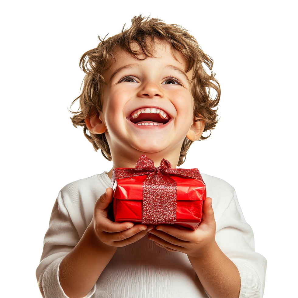 Joyful child with curly hair happily holding a red gift on a plain transparent background during a festive occasion, Joyful kid with gift on transparent background png