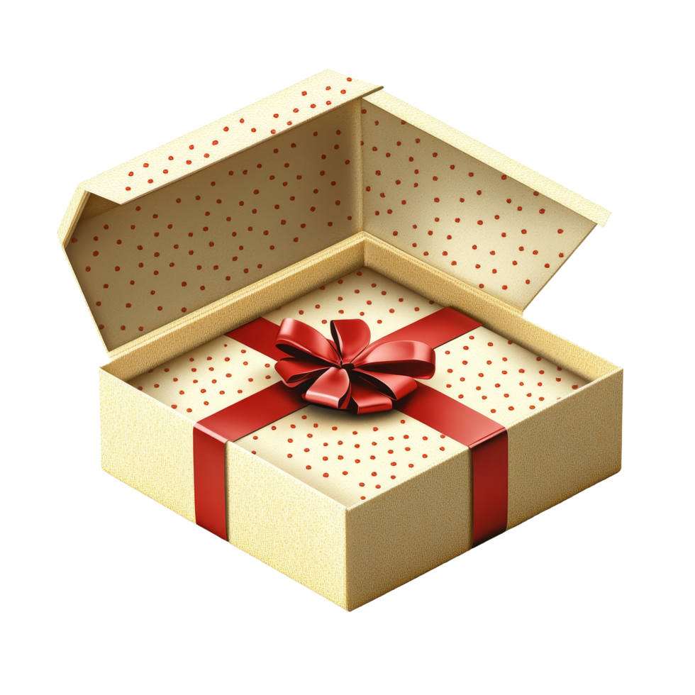 An open gift box showcasing a beautifully wrapped present with a red ribbon and polka dot pattern, Open Gift Box Isolated Stock Illustration png