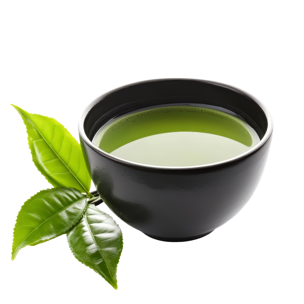 Experience the vibrant taste of matcha green tea in a sleek black bowl with fresh leaves beside it, Matcha green tea in black bowl and leaves isolated on transparent background png
