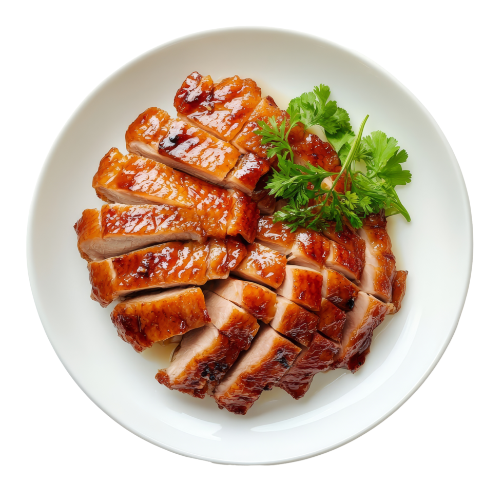 An appetizing top view of sliced Peking duck garnished with fresh herbs on a transparent plate, top view delicious peking duck food plate on a transparent background png