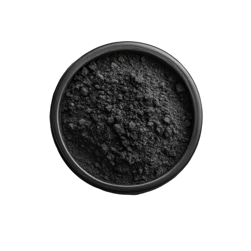 Activated charcoal powder in a black bowl on a transparent background with scattered powder, Activated charcoal powder isolated on transparent background png