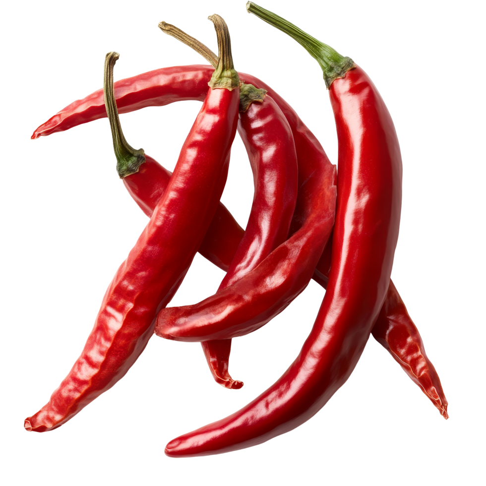Fresh cayenne peppers arranged artistically on a transparent background highlighting their vibrant red color and unique shape, Cayenne pepper on transparent background png