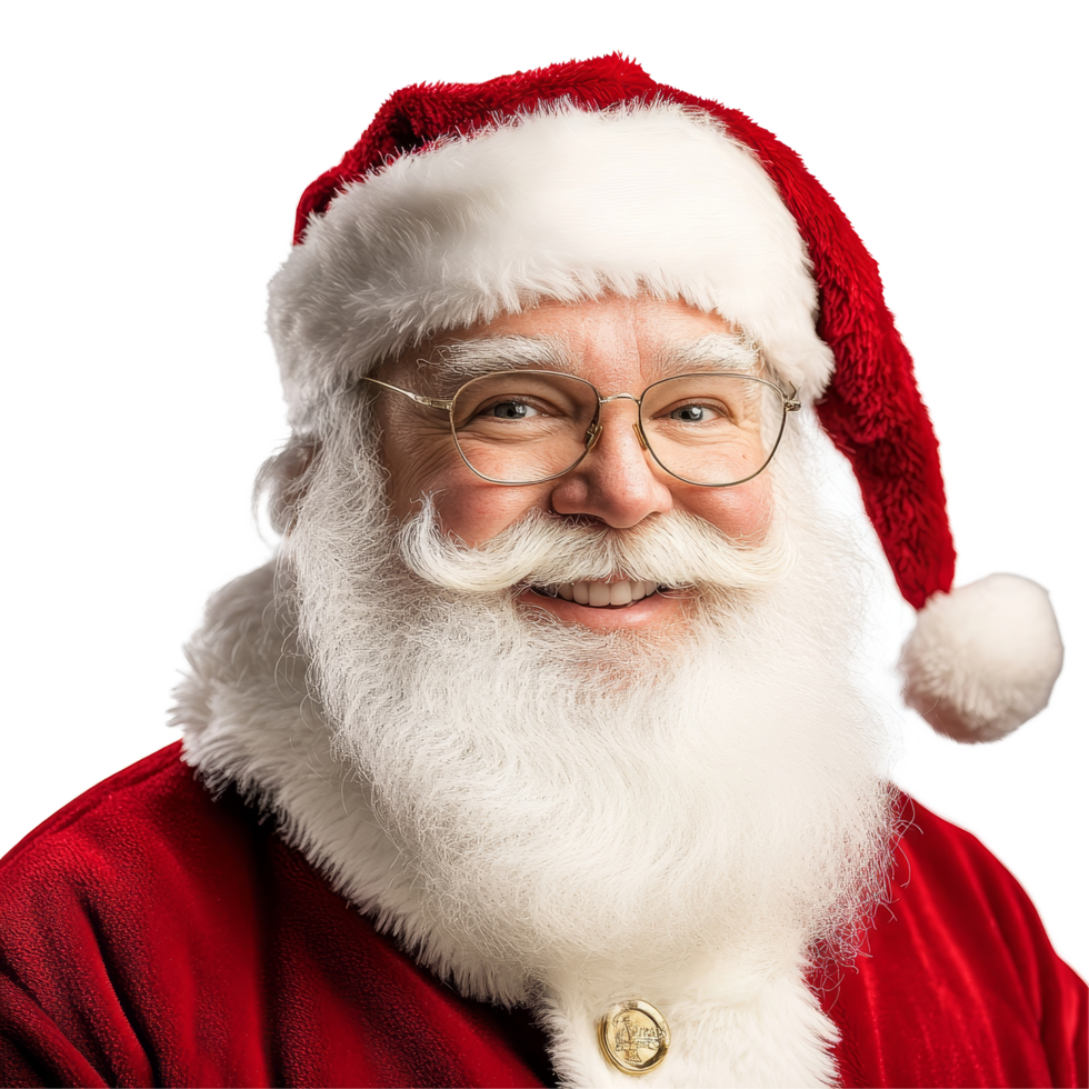Cheerful Santa Claus in a red suit and hat spreading holiday joy with a warm smile against a transparent background, red santa claus hat isolated on a transparent background png
