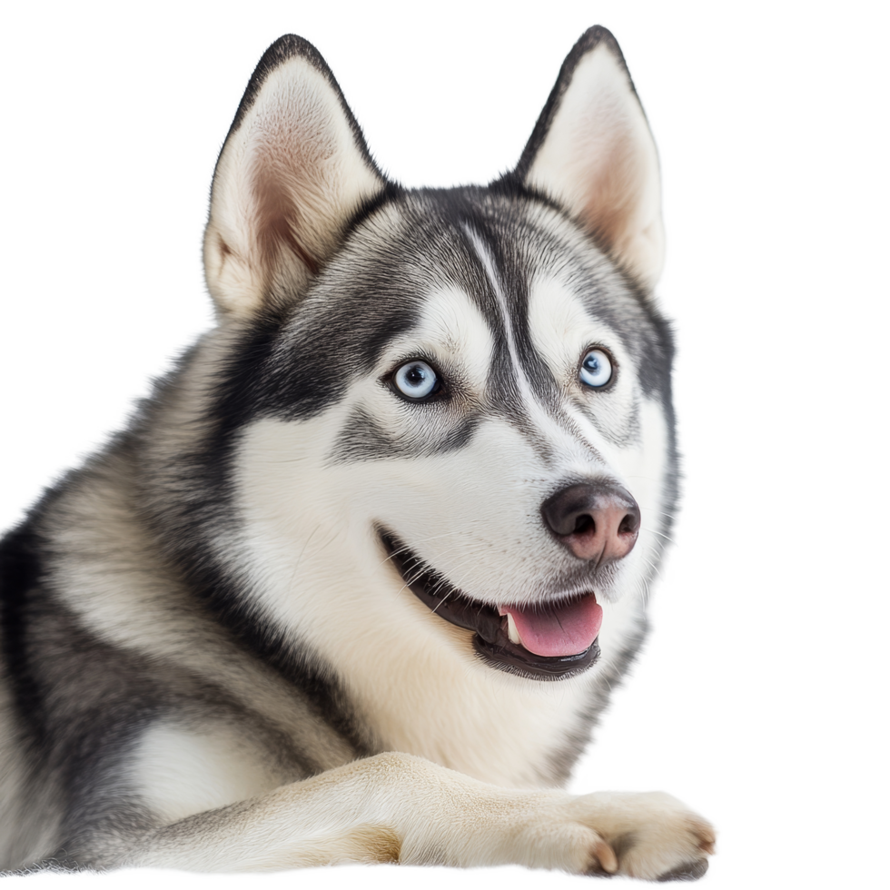 A playful Siberian Husky with blue eyes resting on a soft surface against a clean transparent background, Siberian Husky on transparent background png