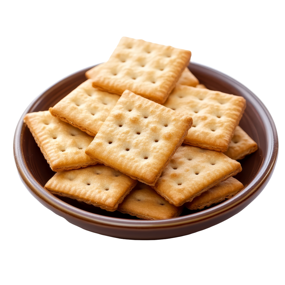 Savory crackers piled in a brown plate, served against a clean transparent background, Cracker in a plate isolated on transparent background png