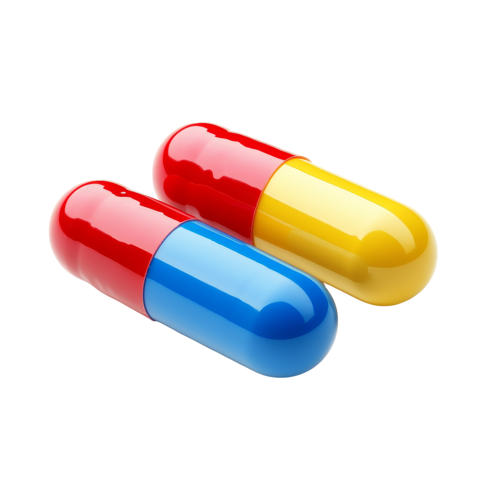 Colorful red and yellow capsules isolated on a transparent background for health and wellness applications, pills capsules isolated on transparent background png