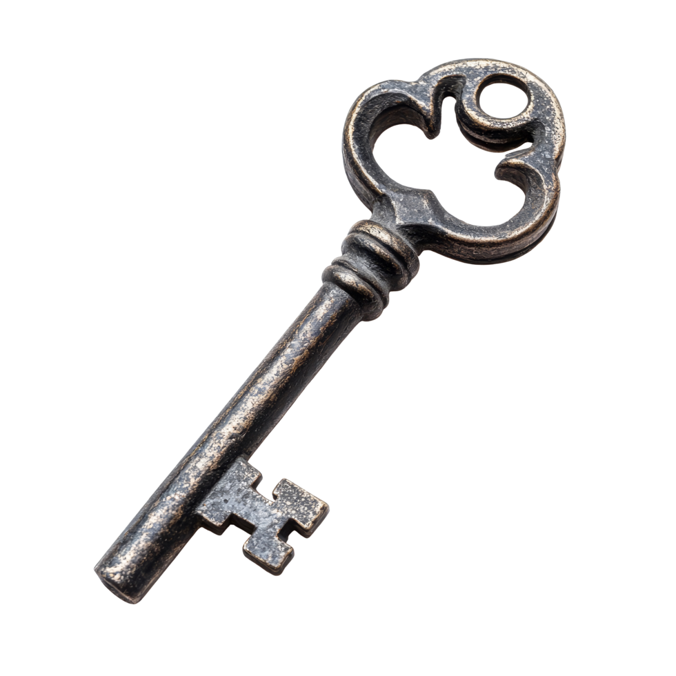 Vintage old key resting on a transparent background highlighting its intricate design and historical significance, Vintage old key on a transparent background png