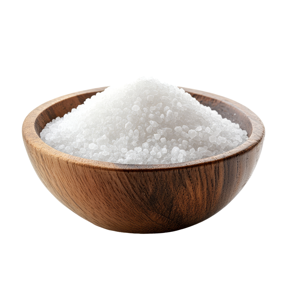 Salt displayed in a wooden bowl on a clean transparent background for culinary and decorative purposes, salt in wood bowl on transparent background png