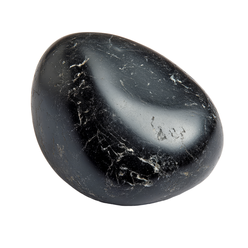 A single black pebble rests on a clean transparent background, showcasing its smooth texture and natural beauty, single black pebble isolated on transparent background png