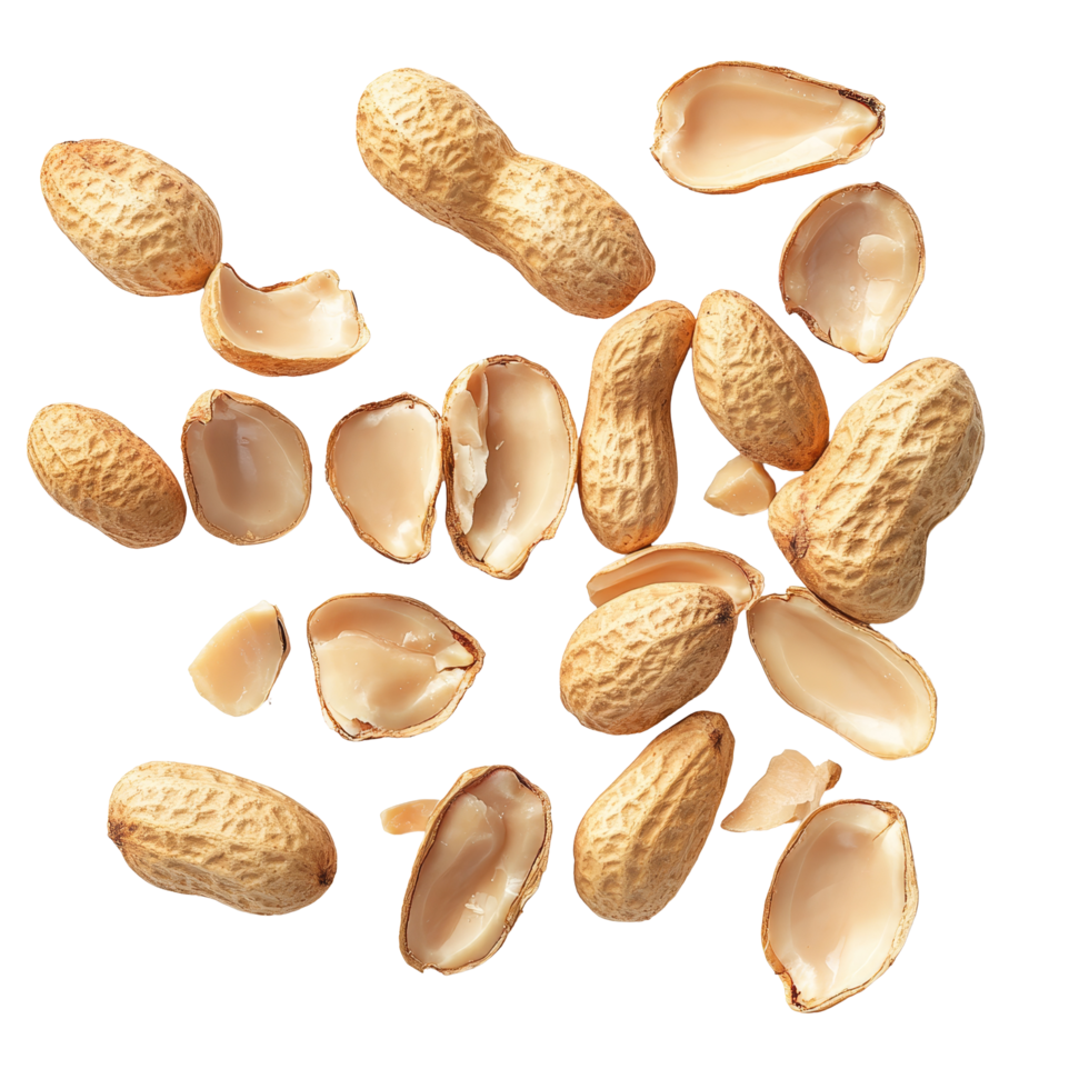 Group of unpeeled and shelled peanuts scattered on a transparent background for culinary use and nutrition exploration, Group of unpeeled and opened shell peanuts isolated on transparent background png