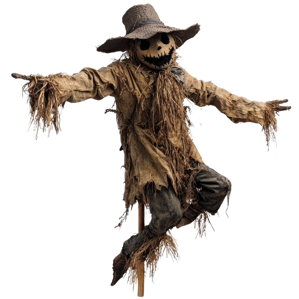 A scary scarecrow standing alone on a transparent background evokes eerie feelings typical of autumn and Halloween, Scary Scarecrow Isolated on transparent background png