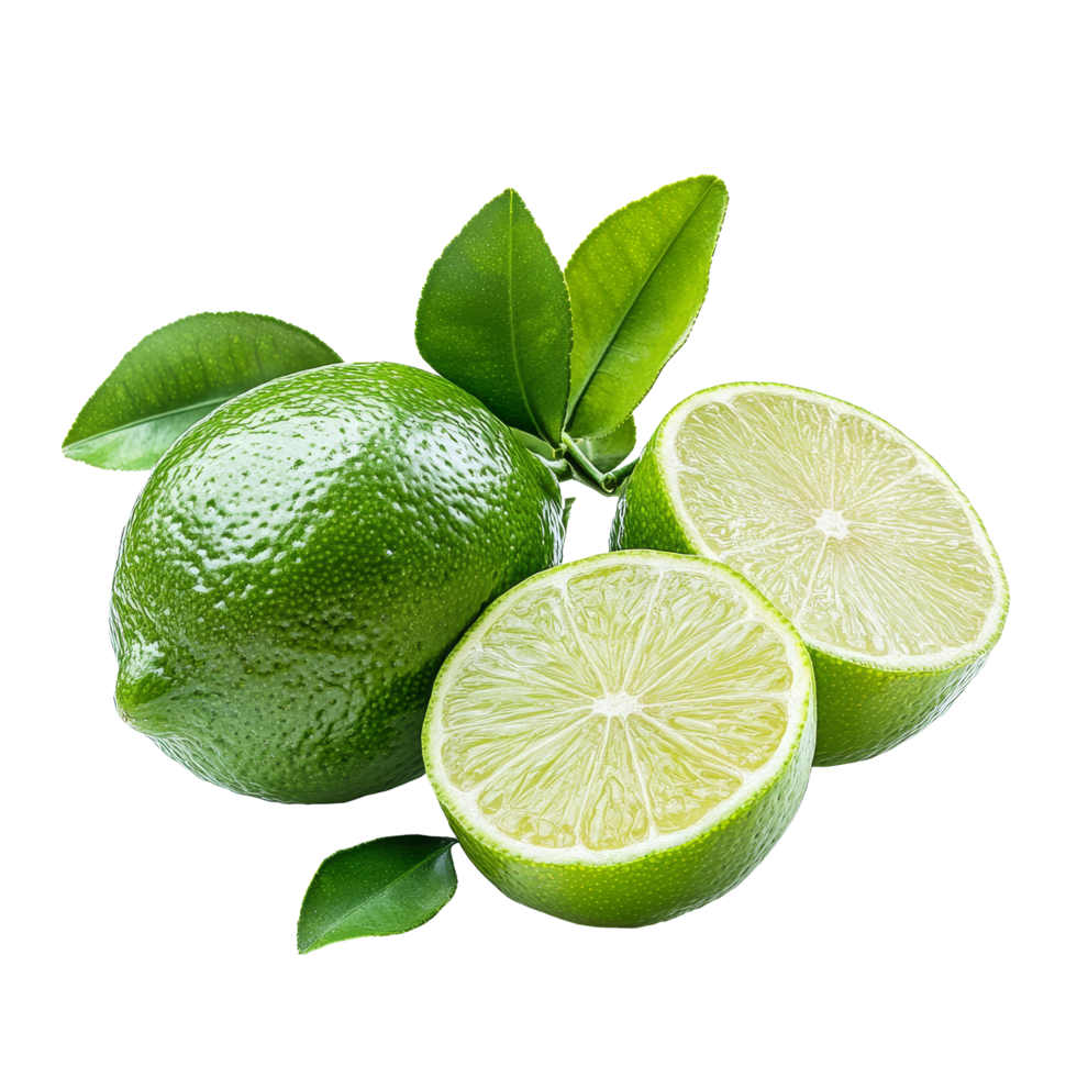 Fresh lime fruit cut in half with green leaves on an isolated transparent background, perfect for culinary uses or beverages, lime with leaf isolated on transparent background png
