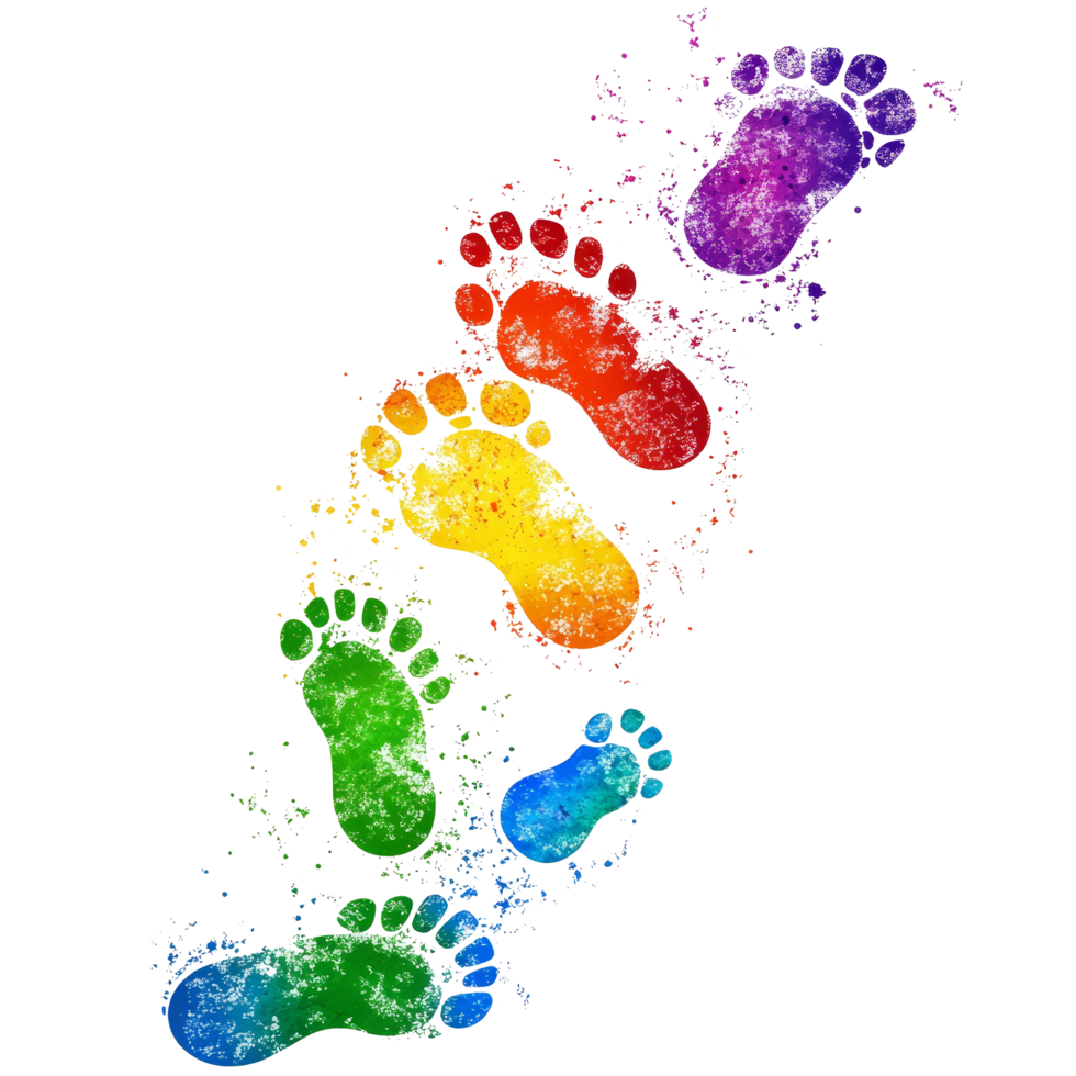 Colorful footprints creating a vibrant trail across a smooth surface during daytime exploration or play, colorful footprints straight walking in a trail on transparent background png