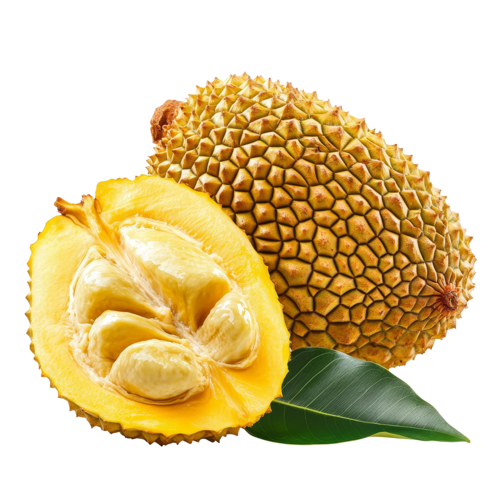 Ripe jackfruit with a leaf isolated against a clean transparent background showcasing its unique texture and color, ripe Jackfruit with leaf isolated on transparent background png