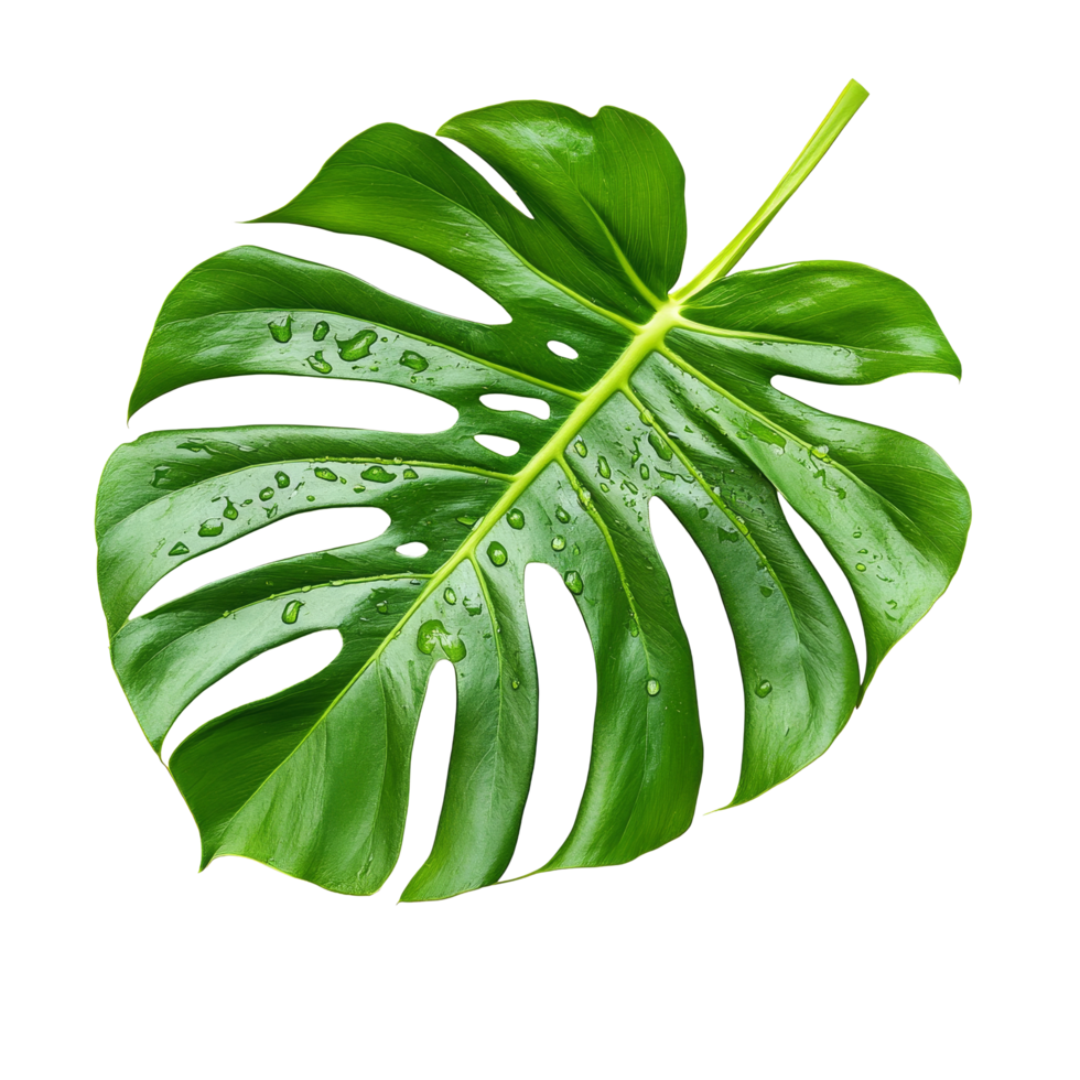 A fresh monstera leaf with water droplets on a transparent background showcasing its vibrant green colors, monstera leaf with drop of water on trensparentbackground isolated on transparent background png