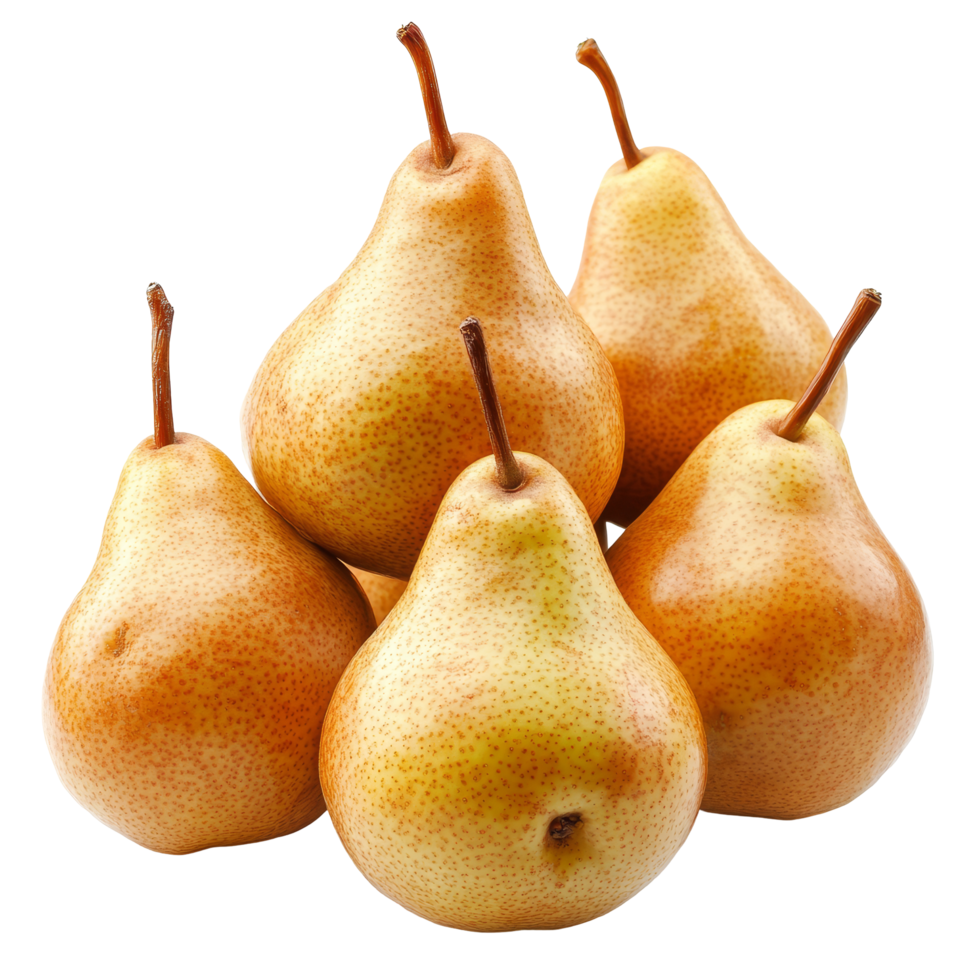 Five ripe pears isolated on a clean transparent background, highlighting their rich texture and natural colors, pears isolated on transparent background png