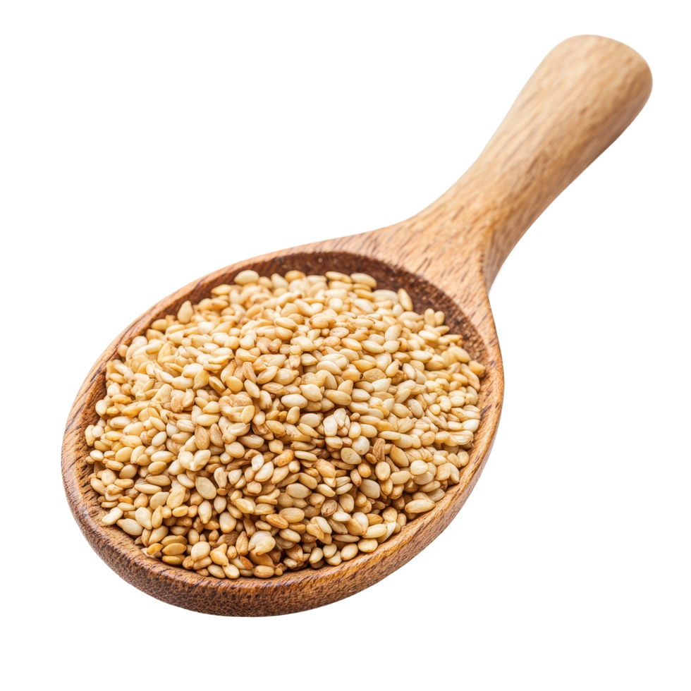 Sesame seeds resting in a rustic wooden spoon isolated on a clean transparent background for culinary use, Sesame seeds in a wooden spoon isolated on transparent background png