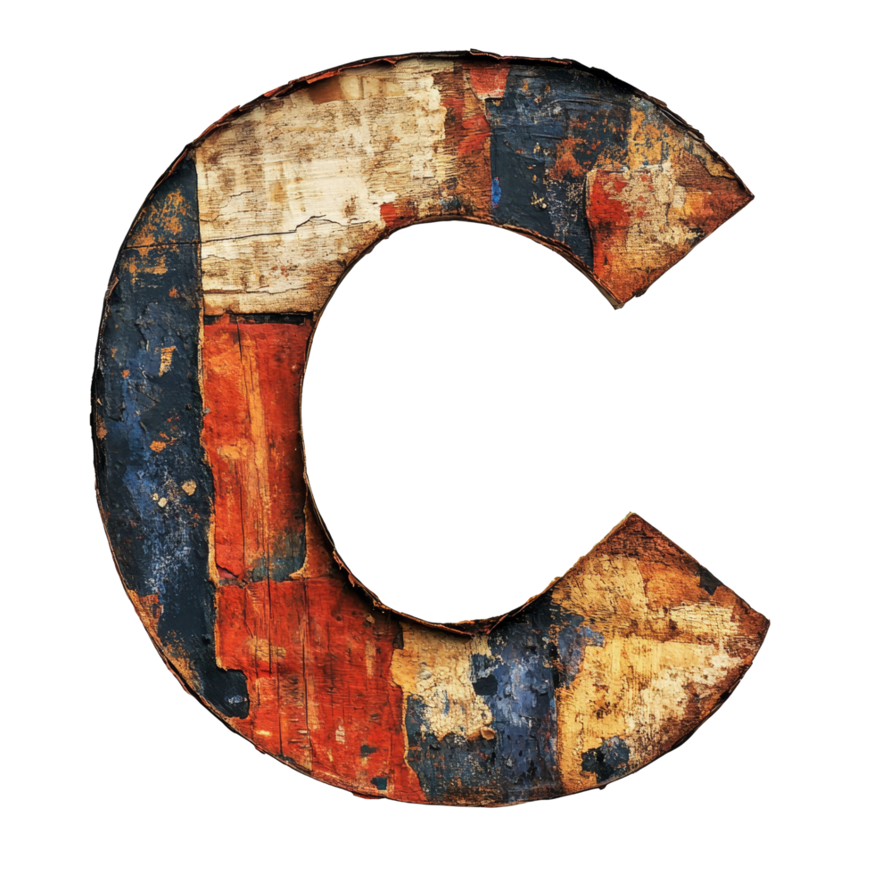 A rustic wooden letter C pops with color, showcasing its texture on a transparent background, perfect for creative word formation, consonant letter c is used to make words on transparent png