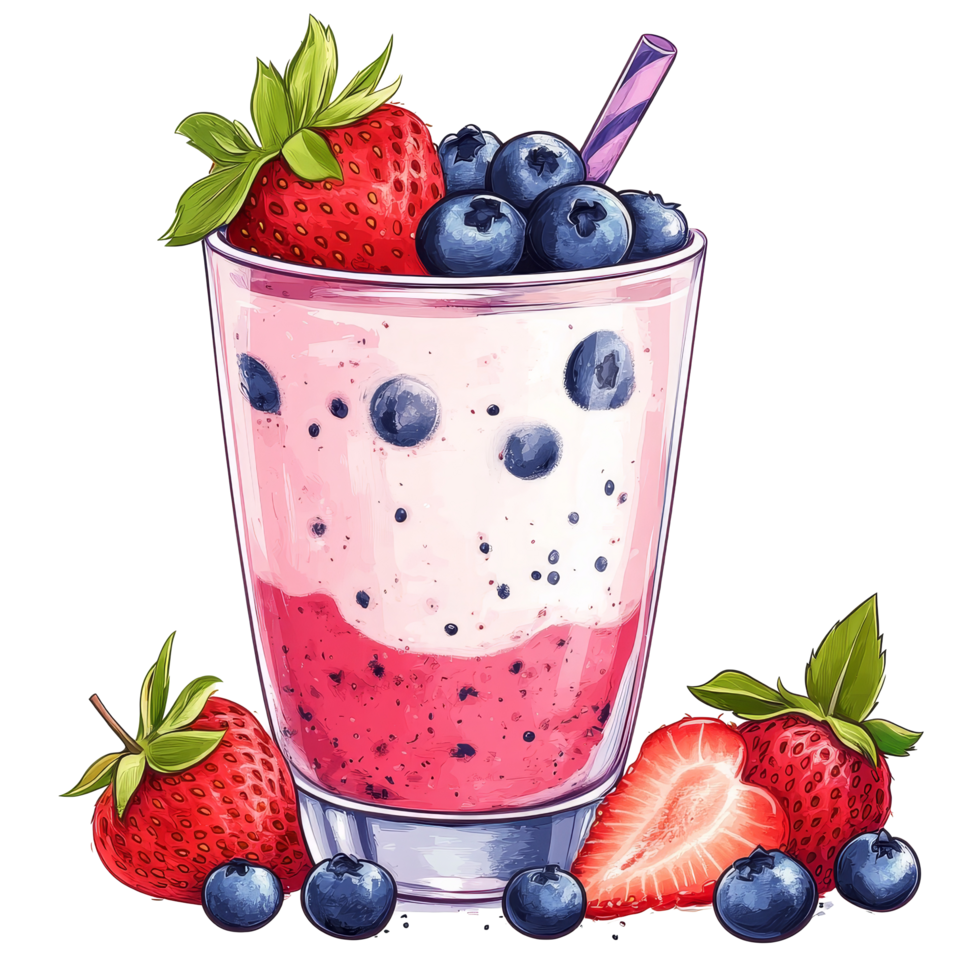 Fresh strawberries and blueberries yogurt drink in a glass garnished with fruit on a cheerful summer table, Strawberries and blueberries yogurt drink Stock Illustration png