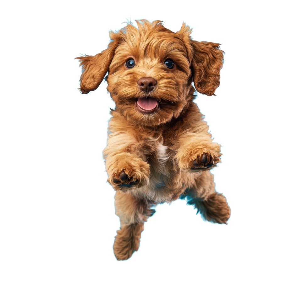 Happy Cavoodle puppy runs and jumps joyfully against a bright blue background, Happy Cavoodle Cavapoo Puppy Dog Runs and jumps isolated on blue cyan background png