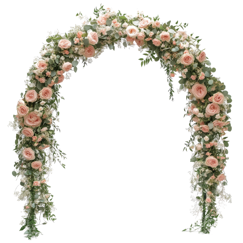 Elegant semicircle wedding arch adorned with roses and greenery on a transparent background for special ceremonies, semi circle wedding arch isolated on transparent background png