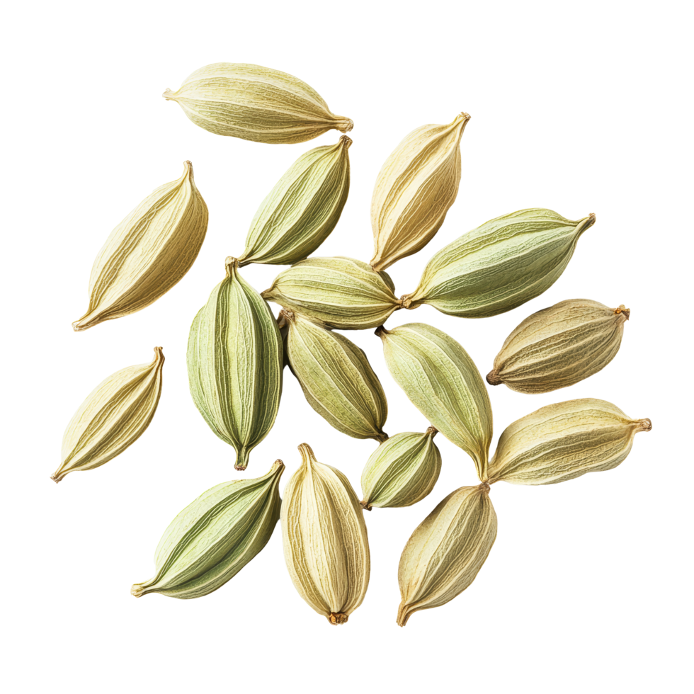Top view of scattered green cardamom pods isolated on a transparent background displaying their unique shapes and textures, Top view of group of cardamom isolate on transparent background png