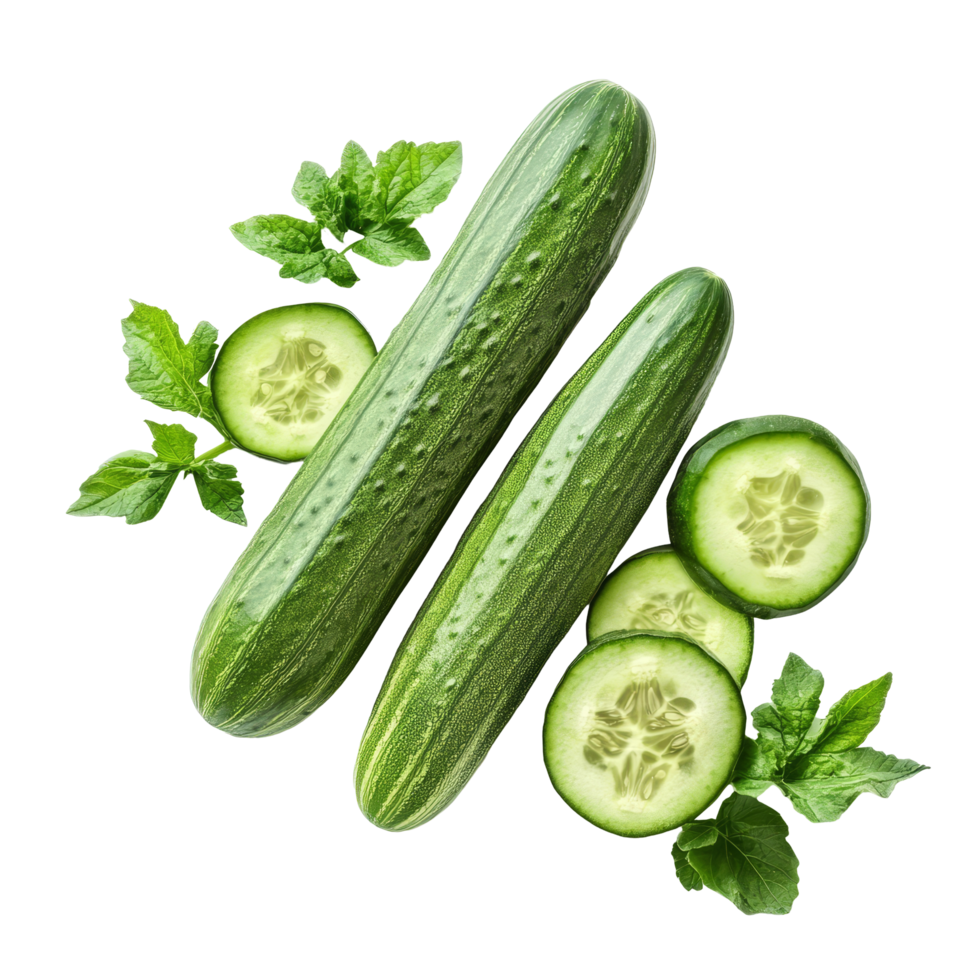 Fresh cucumbers and mint leaves arranged on a clean transparent background showcasing their natural green color and texture, cucumber vegetable on transparent background png