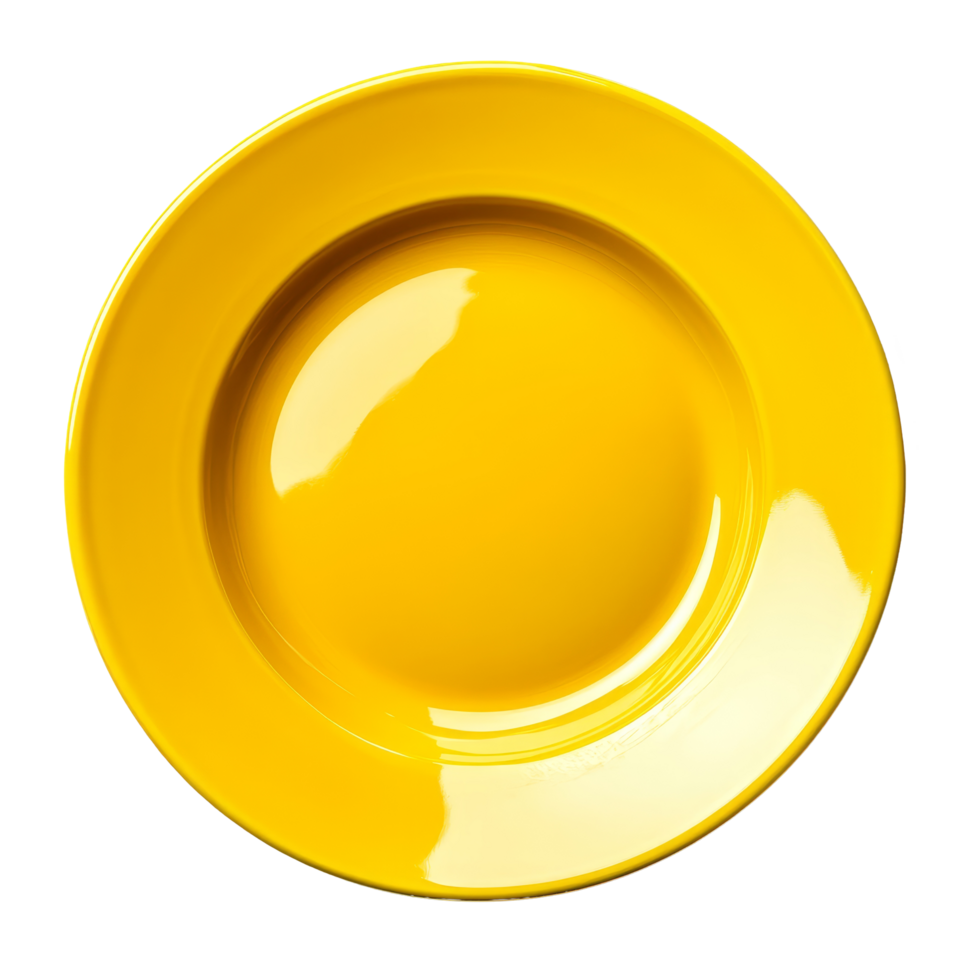 A bright yellow plate on a clean transparent background, ideal for displaying culinary creations or table settings, yellow empty plate on transparent background png