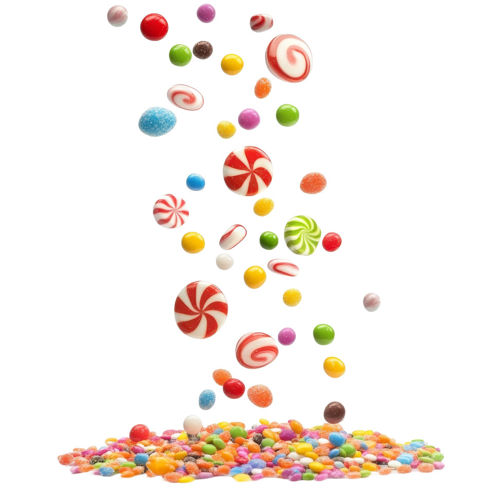 Colorful candies falling gracefully against a pure transparent background creating a delightful visual treat for all ages, falling candies isolated on transparent background png
