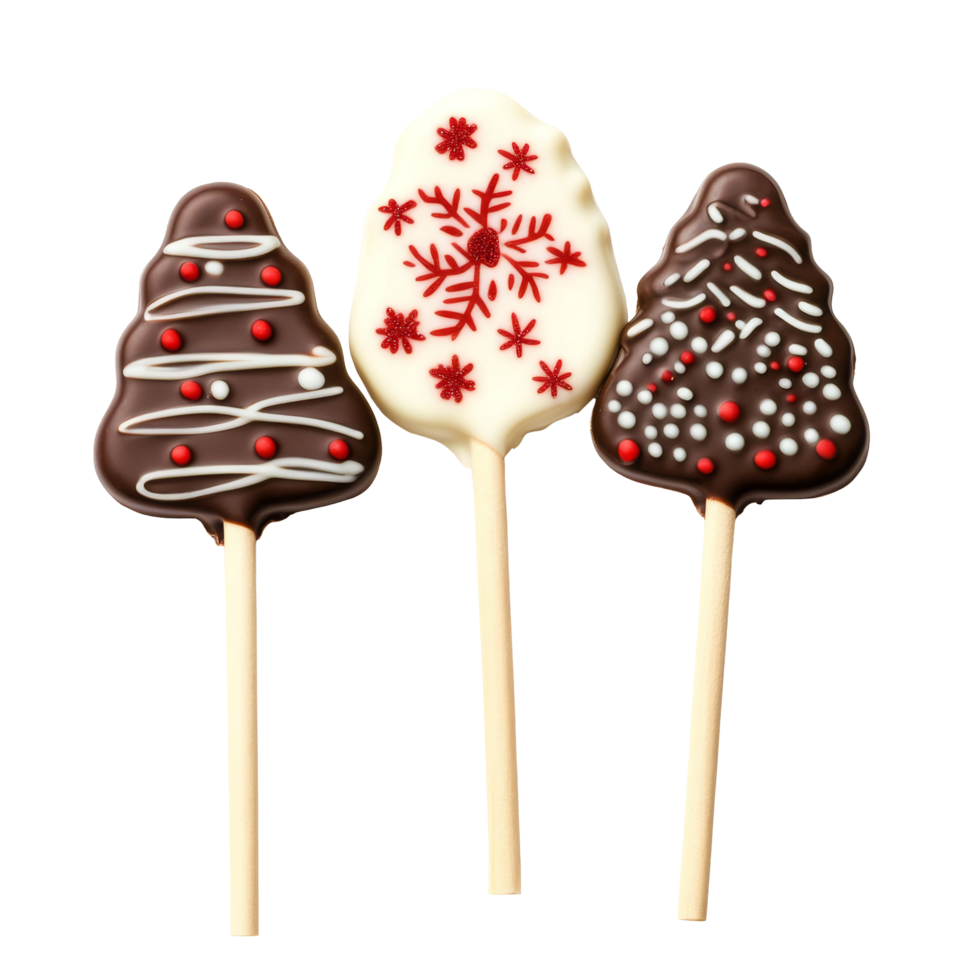 Delicious Christmas chocolate lollipops decorated with festive designs on a transparent background ready for the holiday season, Christmas chocolate lolipops isolated on transparent background png