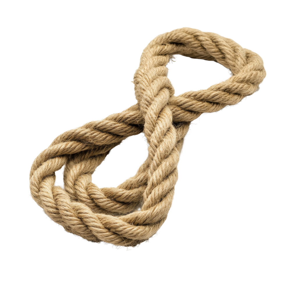 Natural jute rope twisted into an infinity loop on a clean transparent background, Rope on transparent background png