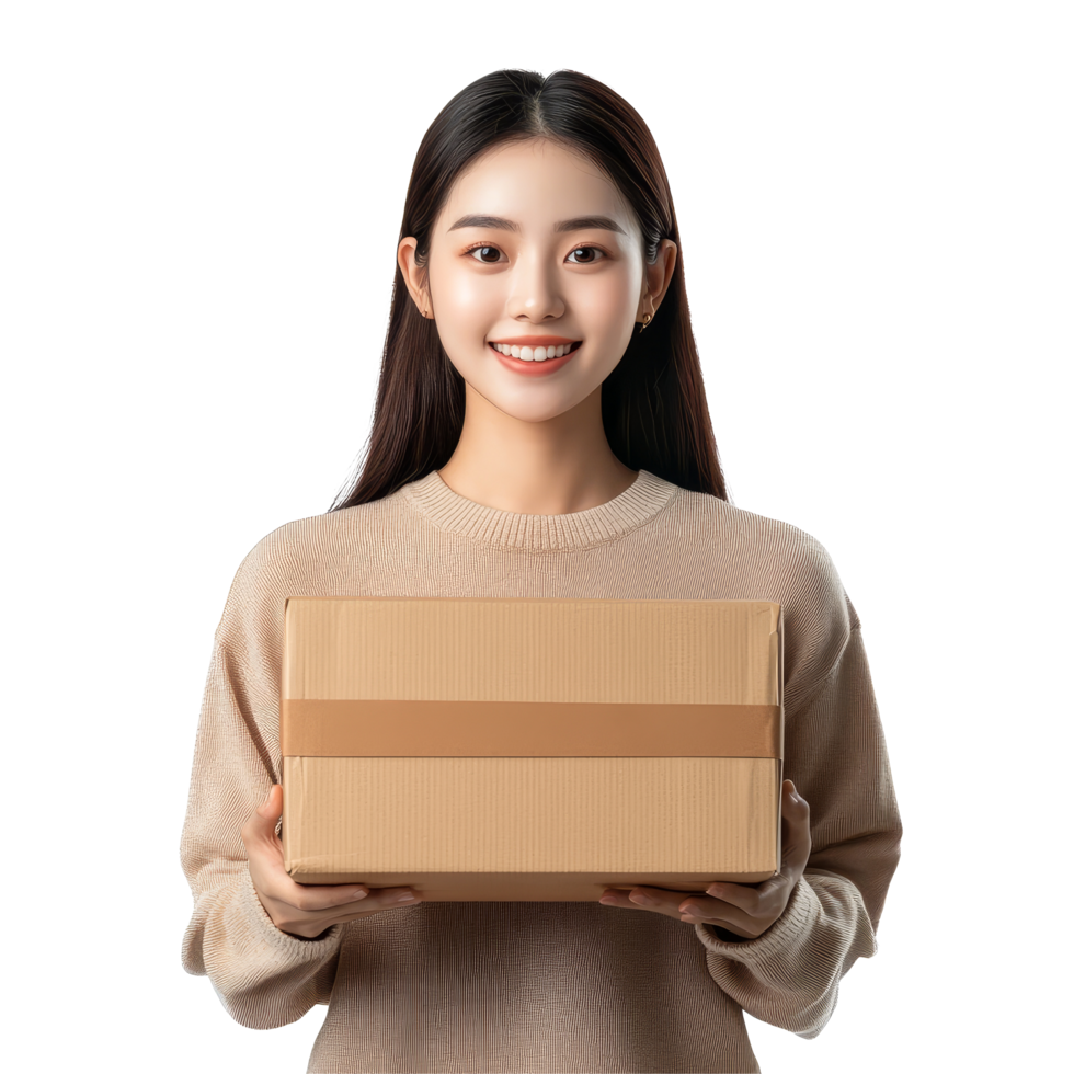 Happy Asian woman smiling while holding a package parcel box indoors in a bright setting, Happy Asian woman holding package parcel box isolated transparent background png