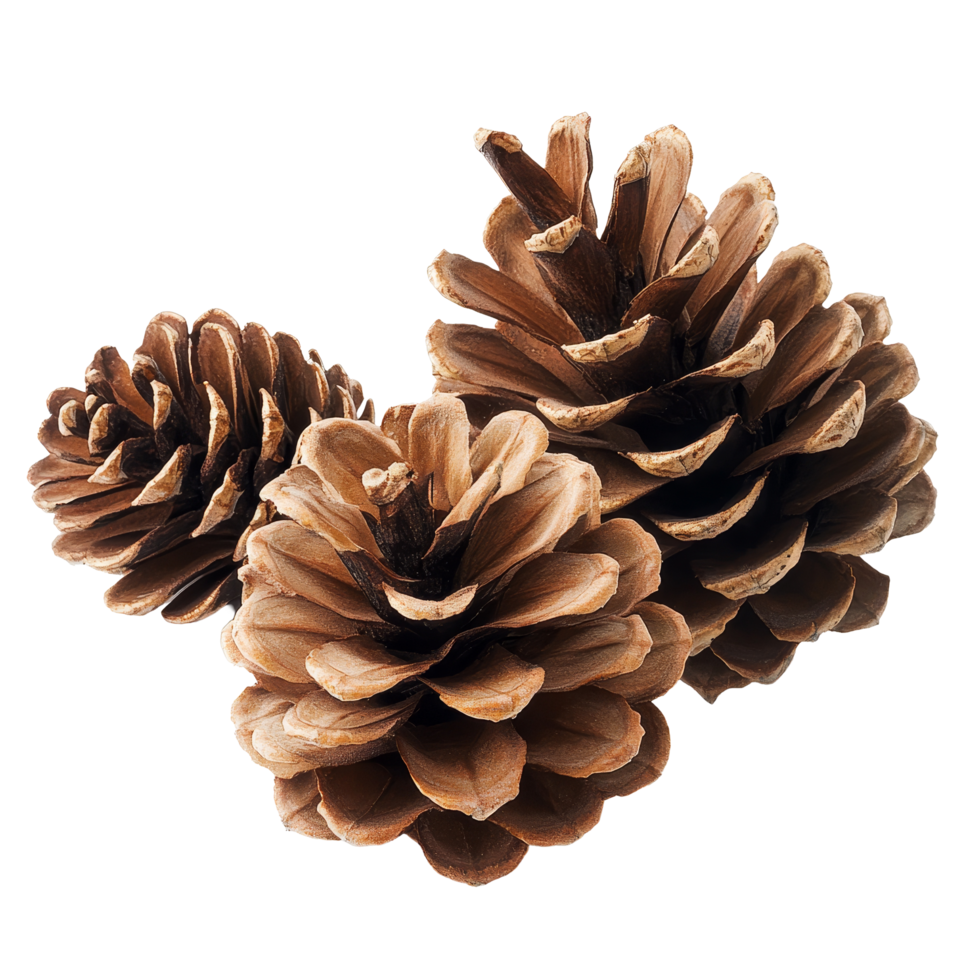 Three pine cones arranged elegantly on a bright transparent background, showcasing their natural textures and patterns, pine cones isolated on transparent backgroundfile png