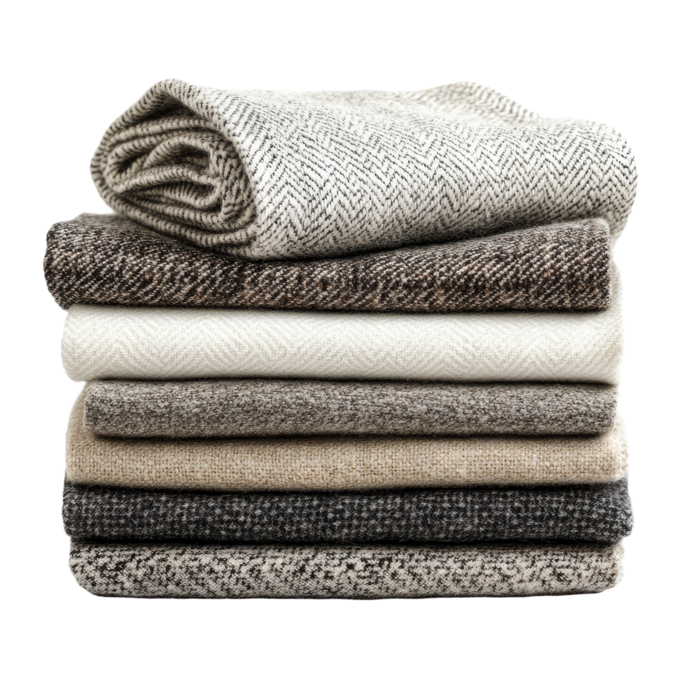 Stack of cozy tweed fabric in various neutral shades isolated on a solid transparent background, stack of Tweed fabric, transparent isolated on solid transparent background png