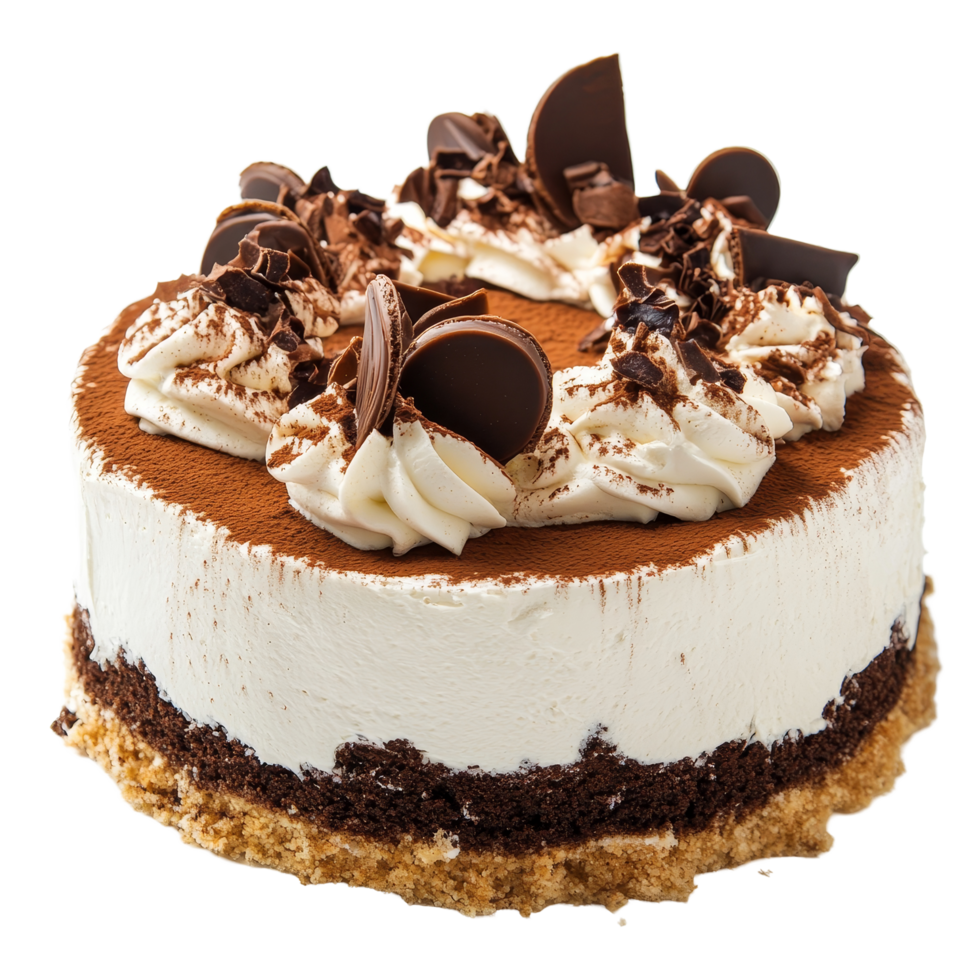 Delicious tiramisu cake elegantly decorated with chocolate toppings on a transparent background, Isolated decorated tiramisu cake on the transparent png