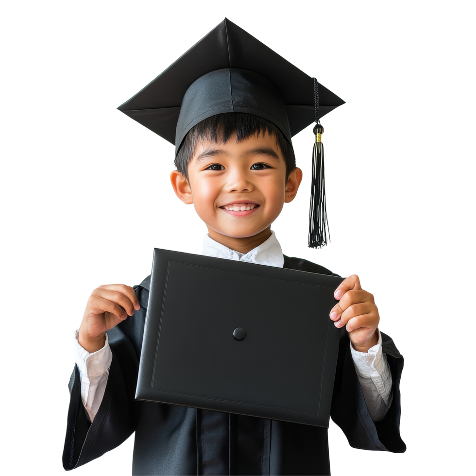 Happy Asian school child graduate proudly displaying diploma in cap and gown, Happy Asian school kid graduate holding graduation cap isolated transparent background png