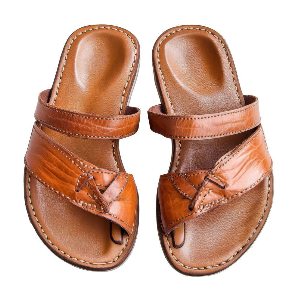 Stylish brown tan leather sandals suited for warm weather outdoor activities and casual summer outings, Sandals made of browntan leather isolated on a transparent background png