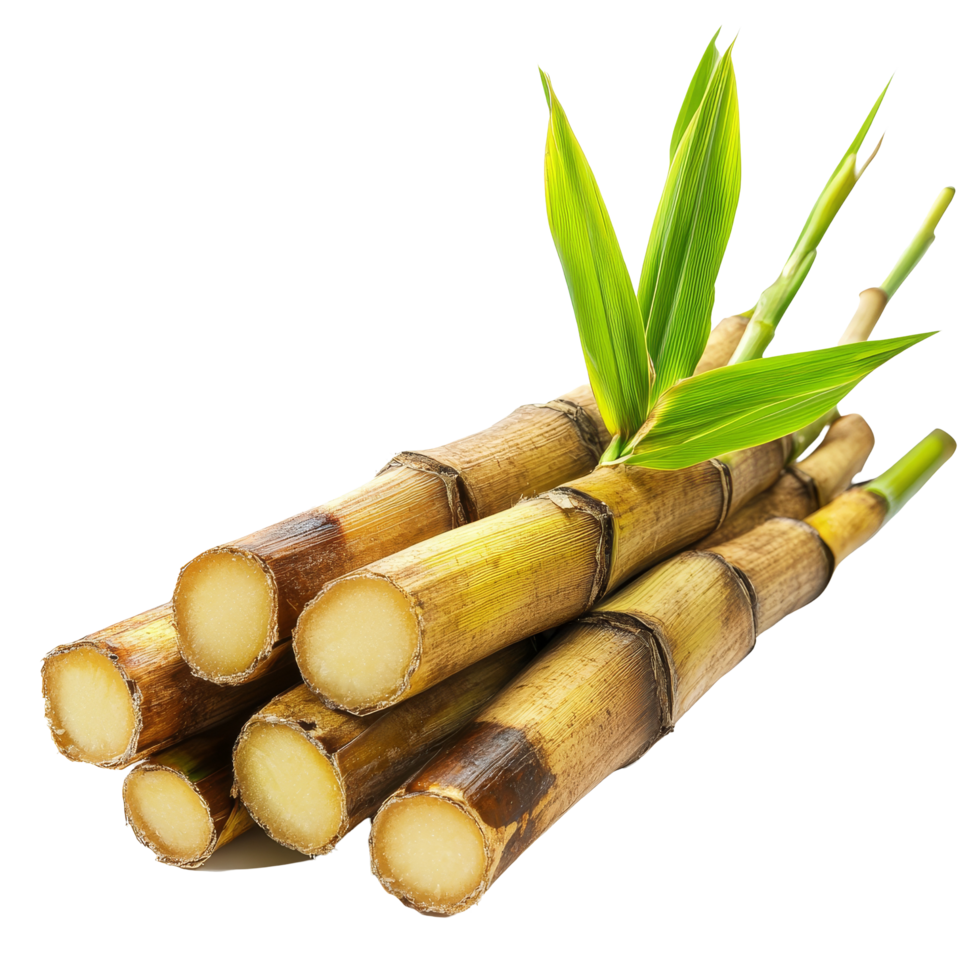 Fresh sugarcane stalks with green leaves arranged neatly on a clean transparent background, sugarcane on transparent background png