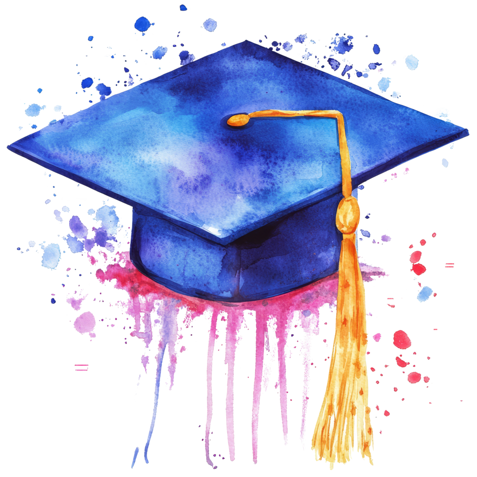 Watercolor graduation cap design with vibrant colors and artistic splashes perfect for celebrating academic achievements, graduation cap isolated png
