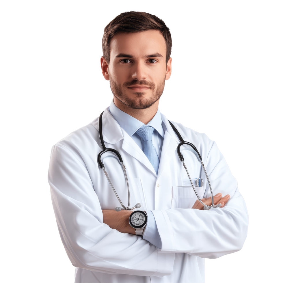 Online doctor in a transparent coat with a stethoscope demonstrating professionalism and care, file no background Online doctor and medical service png