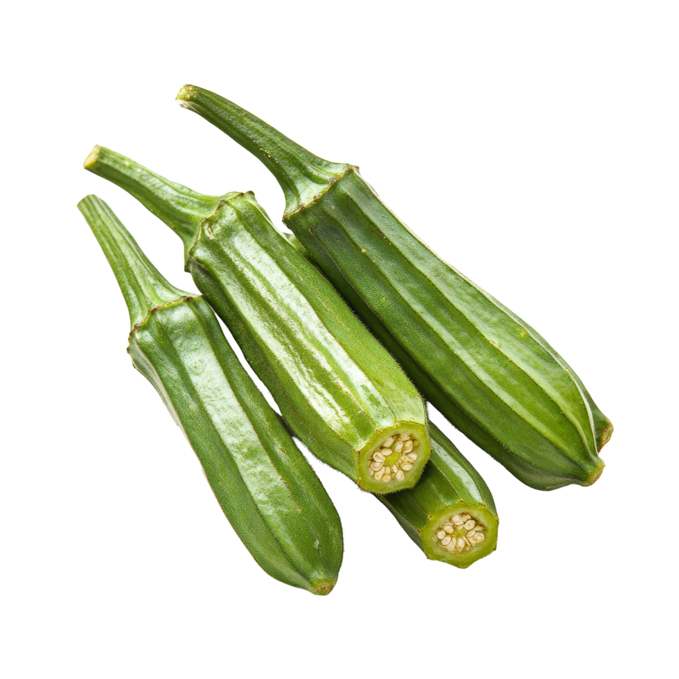 Fresh okra isolated on a clean transparent background showcasing its vibrant green color and unique texture, okra isolated on transparent background png