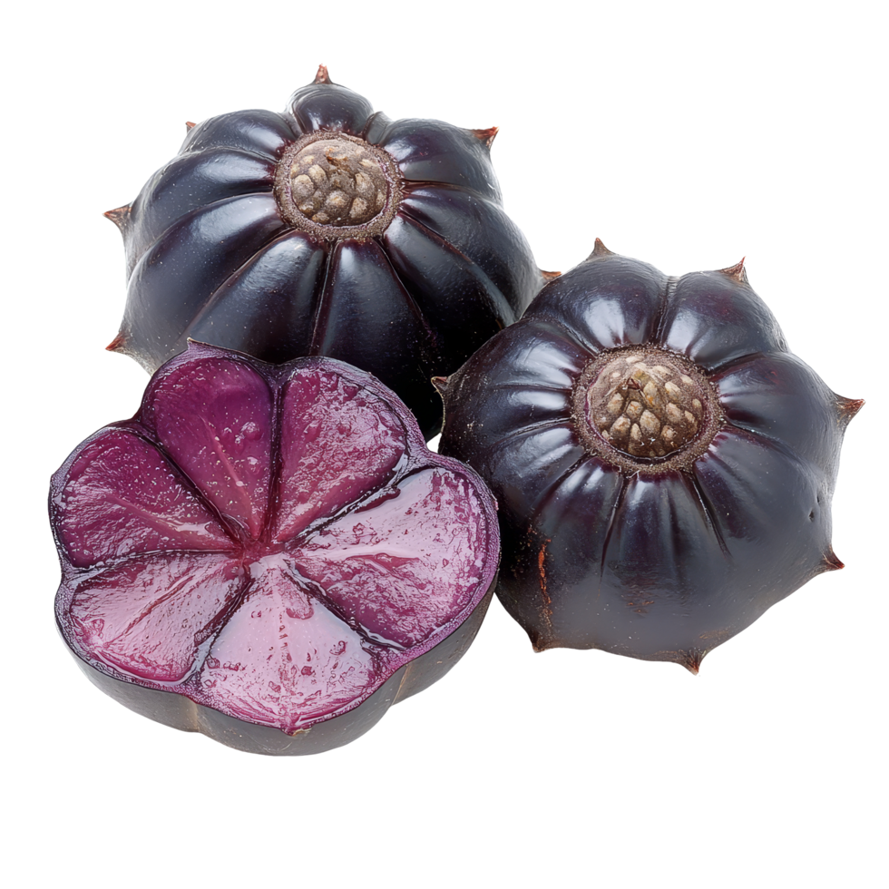 Fresh water chestnuts displayed on a clean transparent background, showcasing their unique shape and rich color, Water chestnut on transparent background png