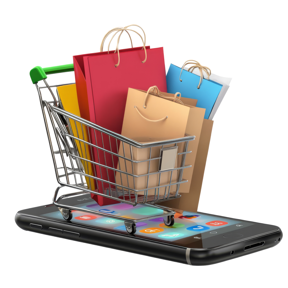 Exciting online shopping event featuring a smartphone and shopping cart filled with colorful bags, file no background Online shopping big sale on smartphone png