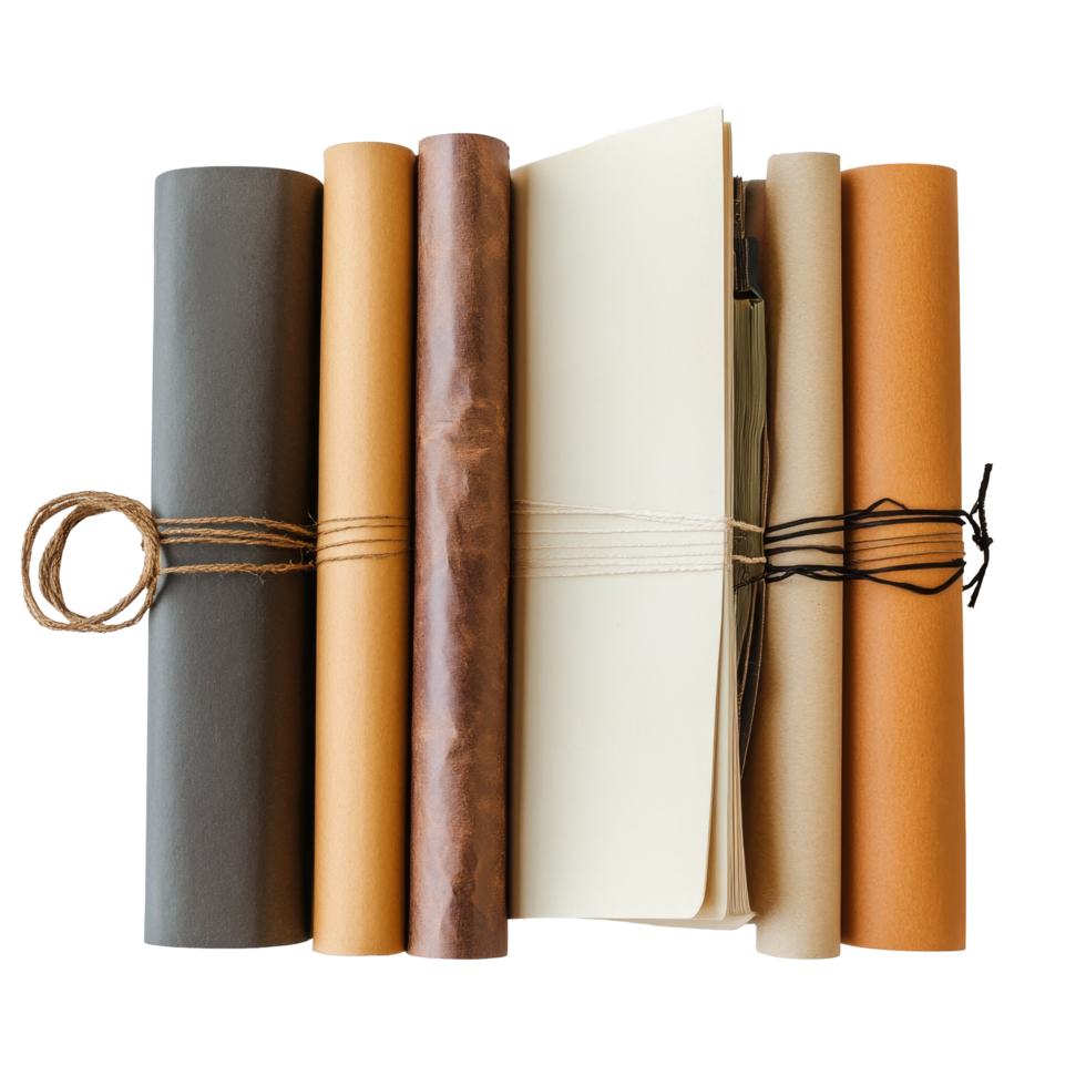 Rolled paper notebooks and stationery supplies arranged neatly on a transparent desk for effective office work, Rolled paper notebooks for office work on transparent backgroundfile png