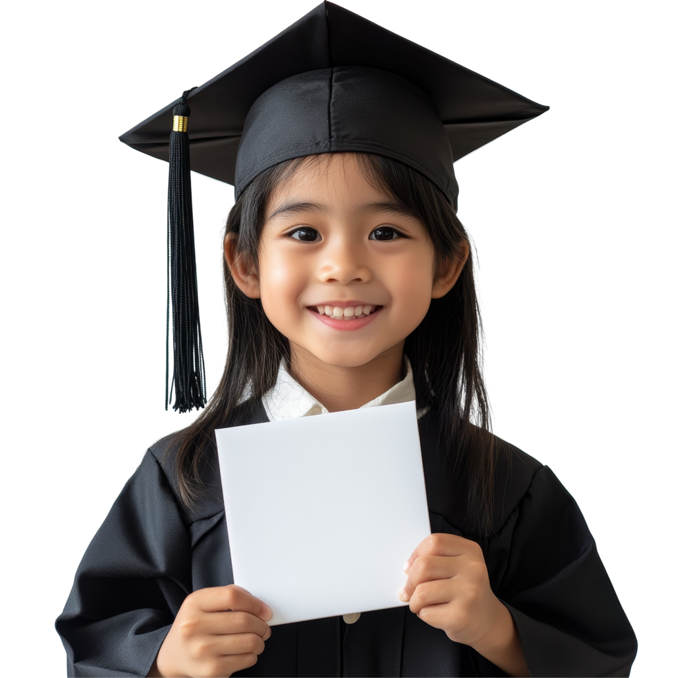 Happy Asian school kid graduate celebrating with diploma in hand in a joyful moment of achievement, Happy Asian school kid graduate holding graduation cap isolated transparent background png