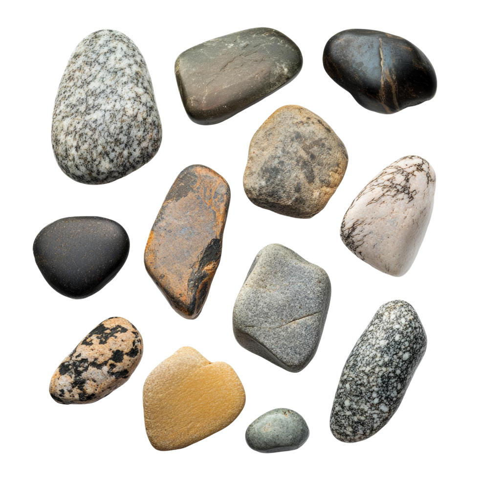 A collection of uniquely shaped stones arranged on a transparent background showcasing natural beauty and variety, stones of different shapes, sizes, transparent background png