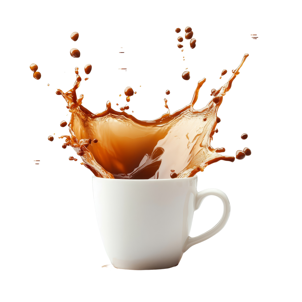 Coffee cup spilling brown liquid with dramatic splash on clean transparent surface, Coffee cup splash spilled coffee on transparent background png