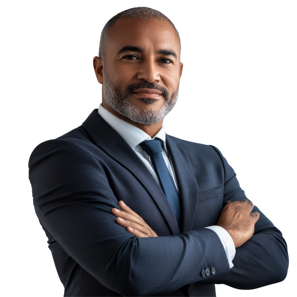 Confident corporate professional in a suit posing against a neutral background for businessoriented branding, file no background Confident corporate businessman posing with arms crossed png