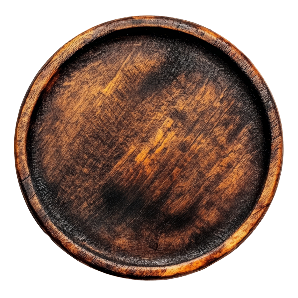 A rustic burnt wooden serving plate showcasing unique patterns and textures for culinary presentations, Isolated burnt wooden serving brpwn plate png